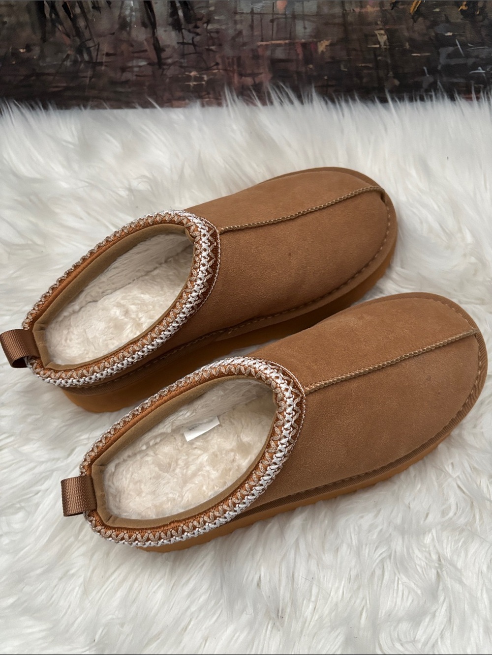 Mishansha Chestnut Faux-Suede Slipper Clogs with Cream Plush Lining